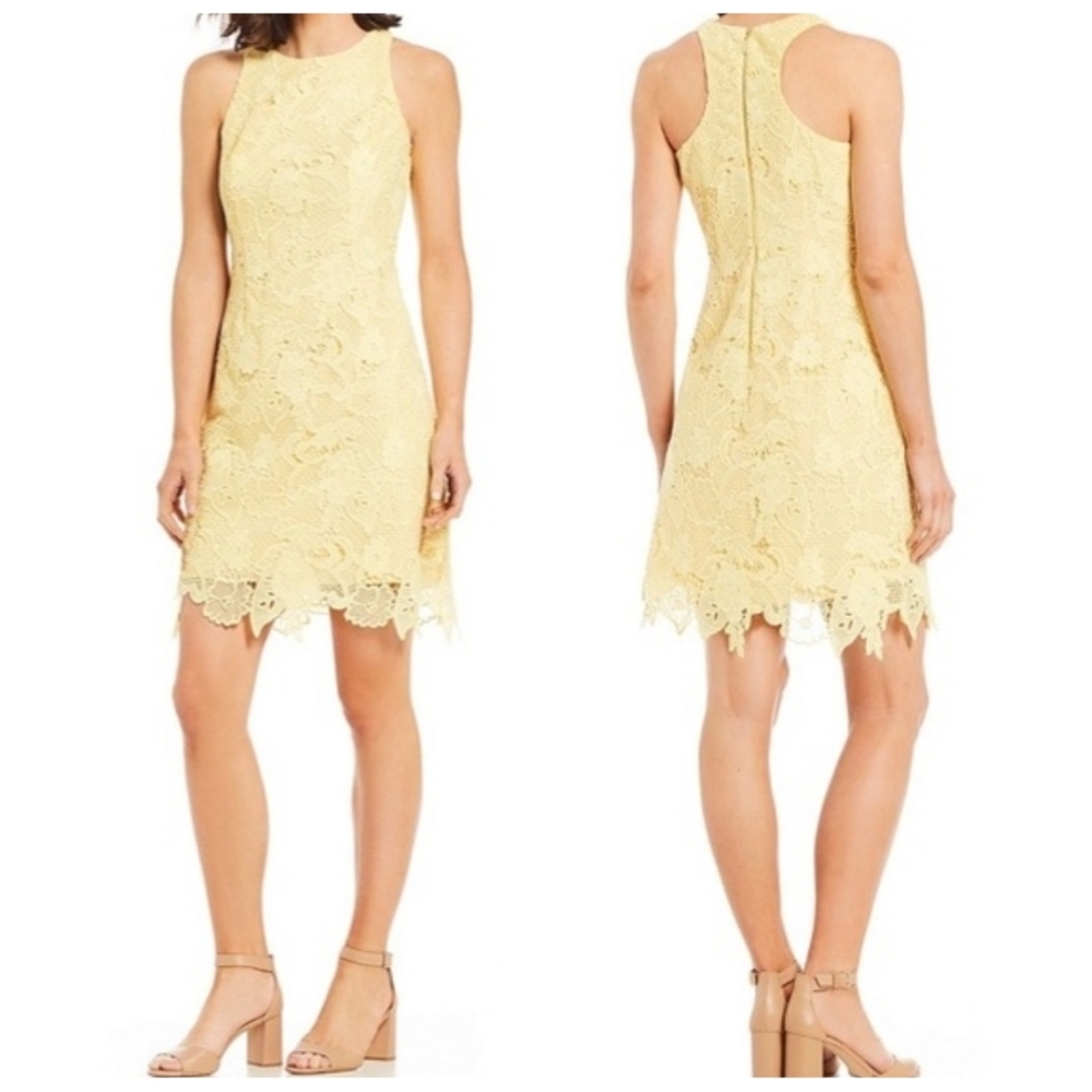 Eliza J Floral Spring Lace Shift‎ Racerback Mini Dress In Butter Yellow Size 2